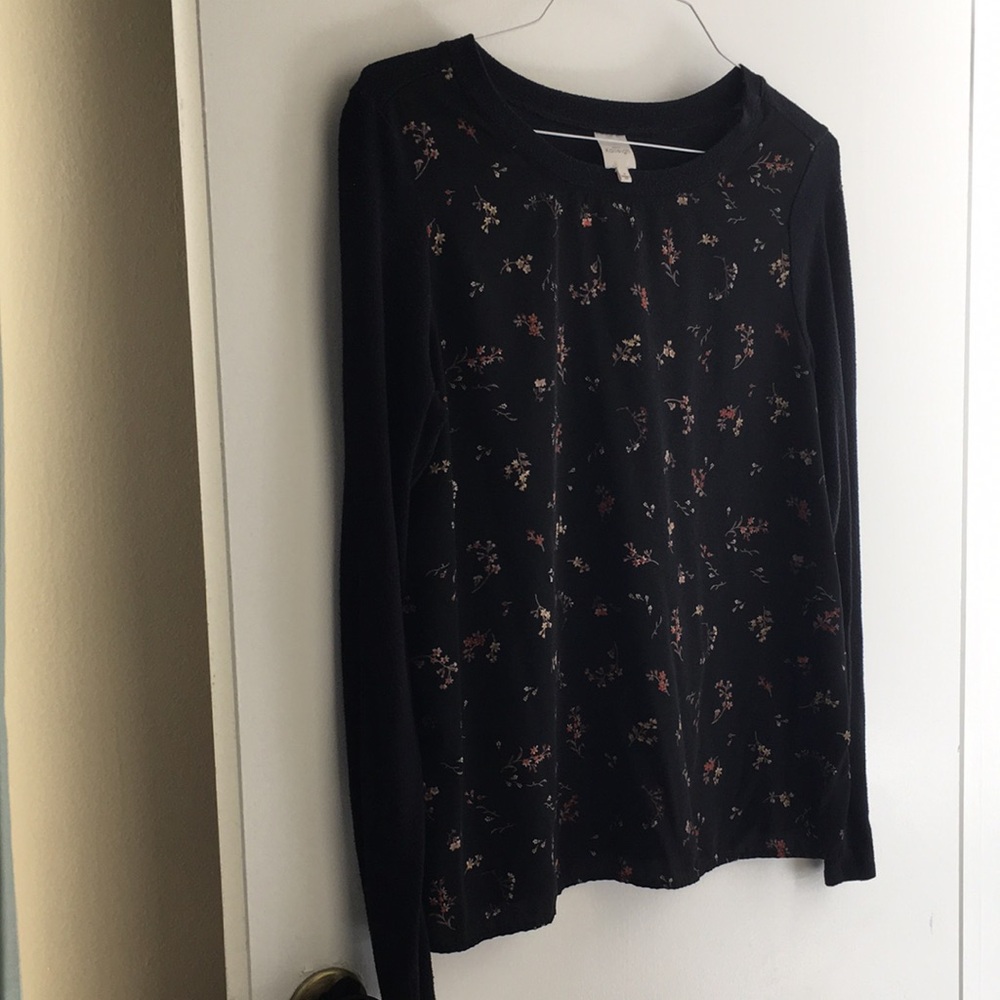 Soll Mixed Material Top, Floral Black Long Sleeve Top size M